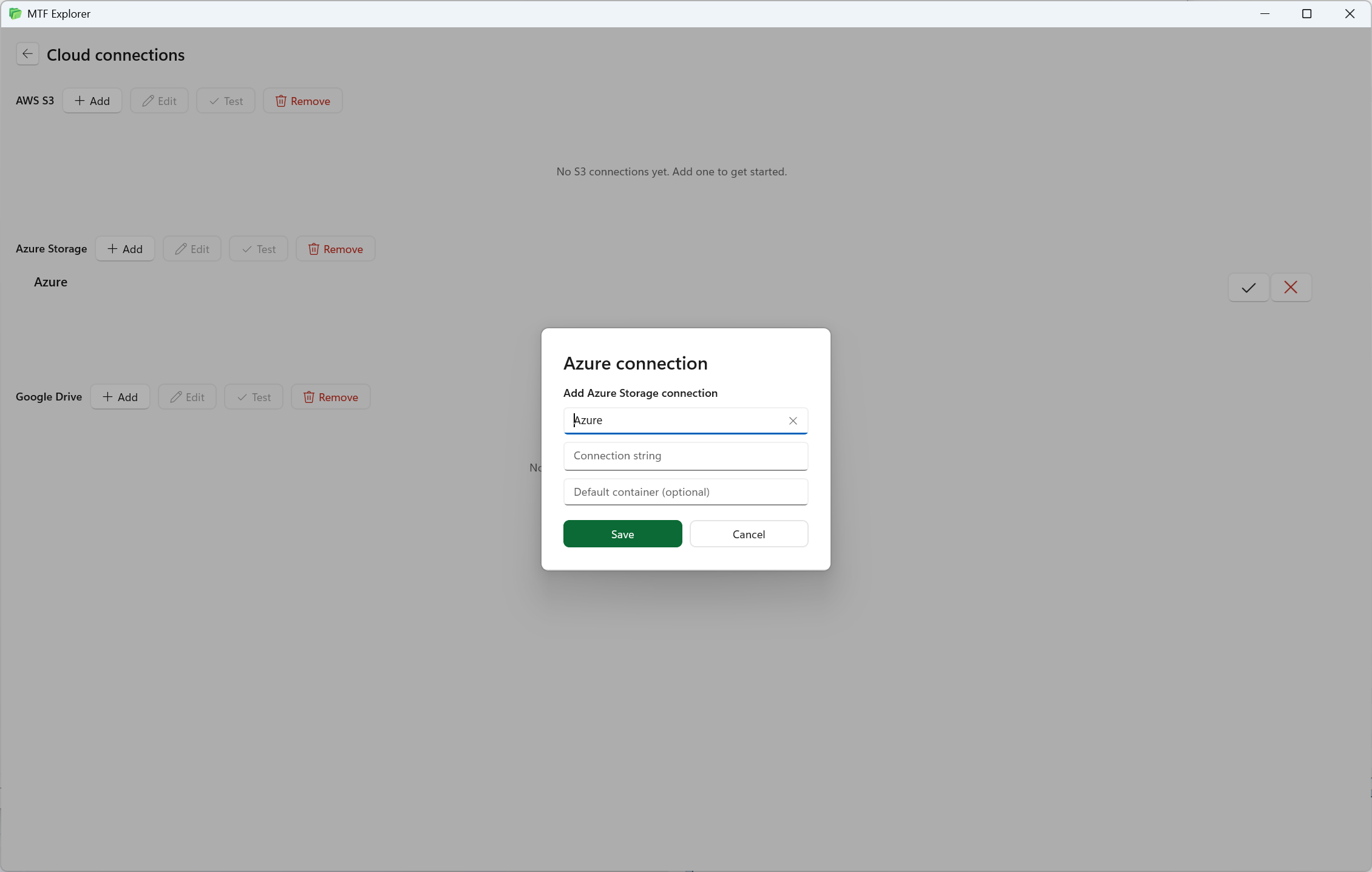 Cloud connector management screen