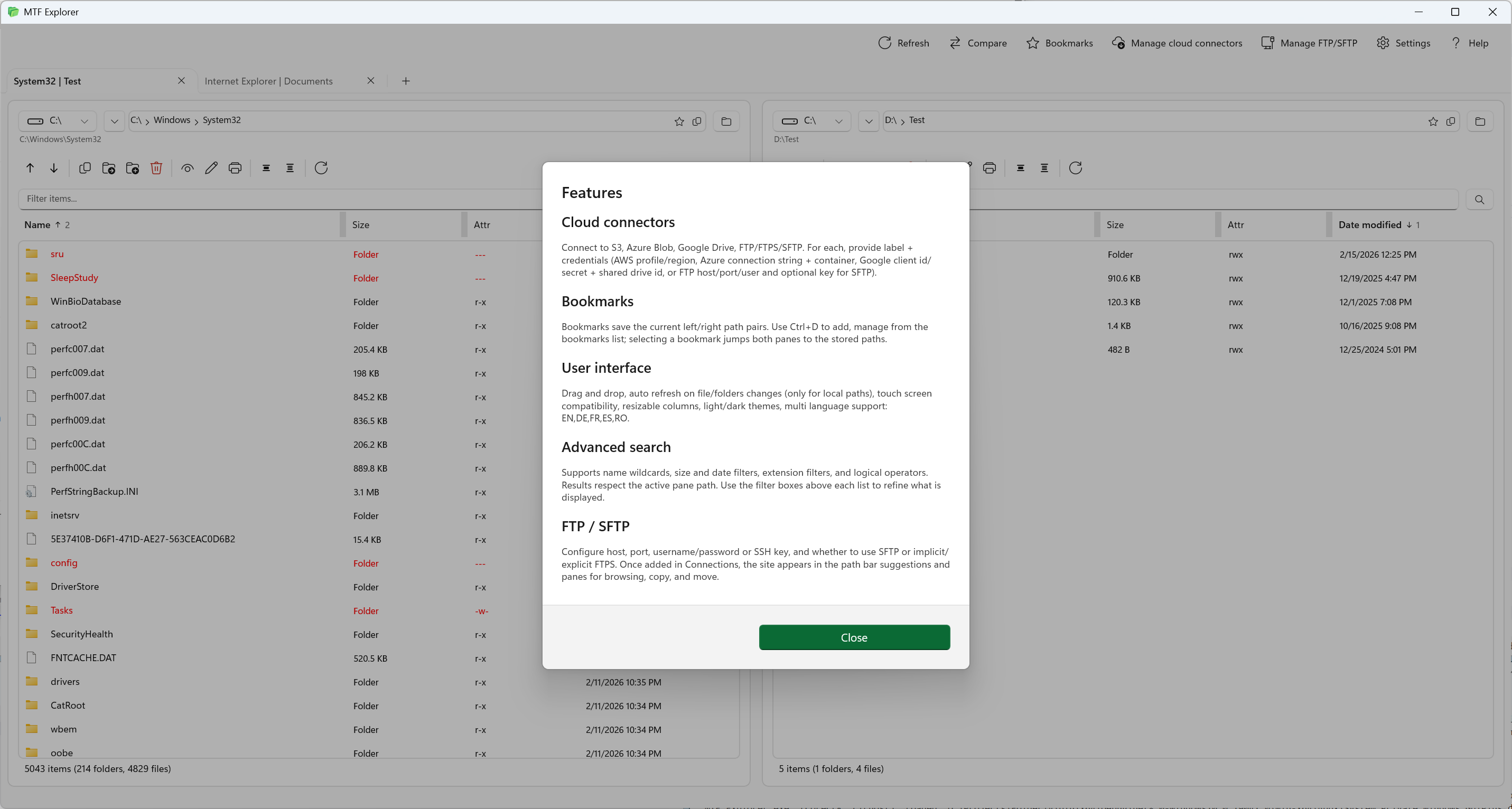 Feature overview dialog