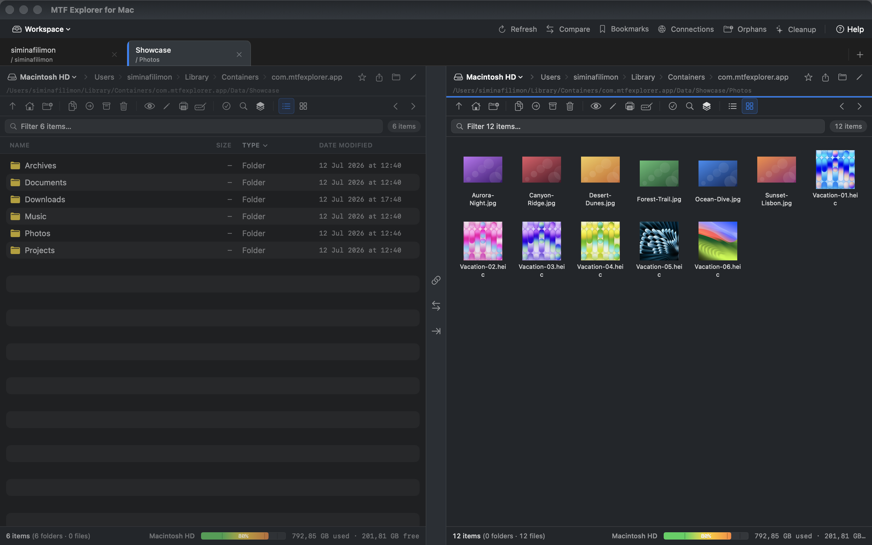 MTF Explorer main window with two panes, tabs and photo thumbnails
