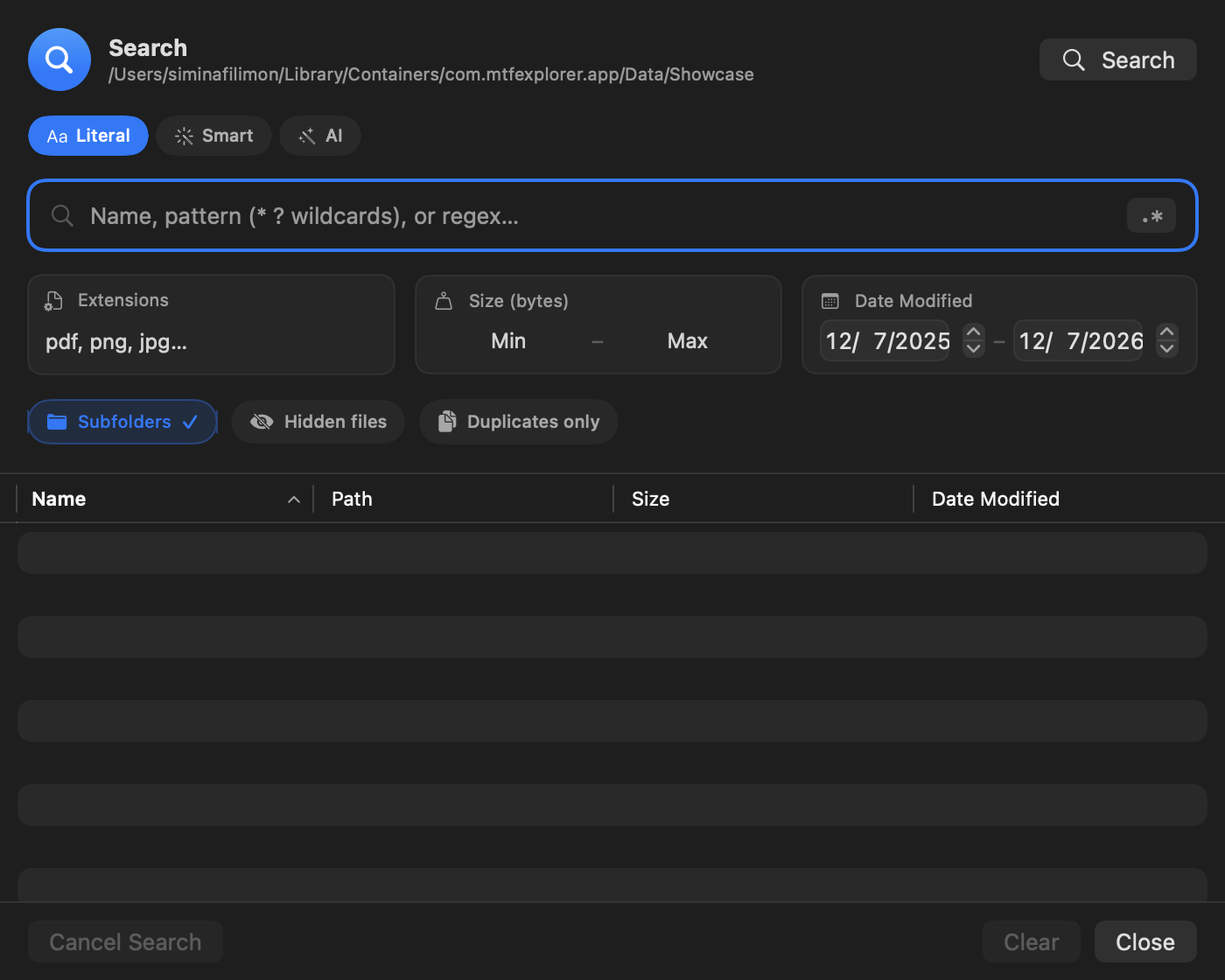 Search panel with filters and semantic results