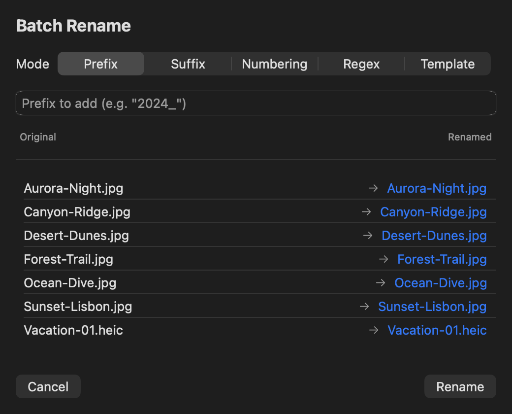 Batch rename dialog with live preview of new names