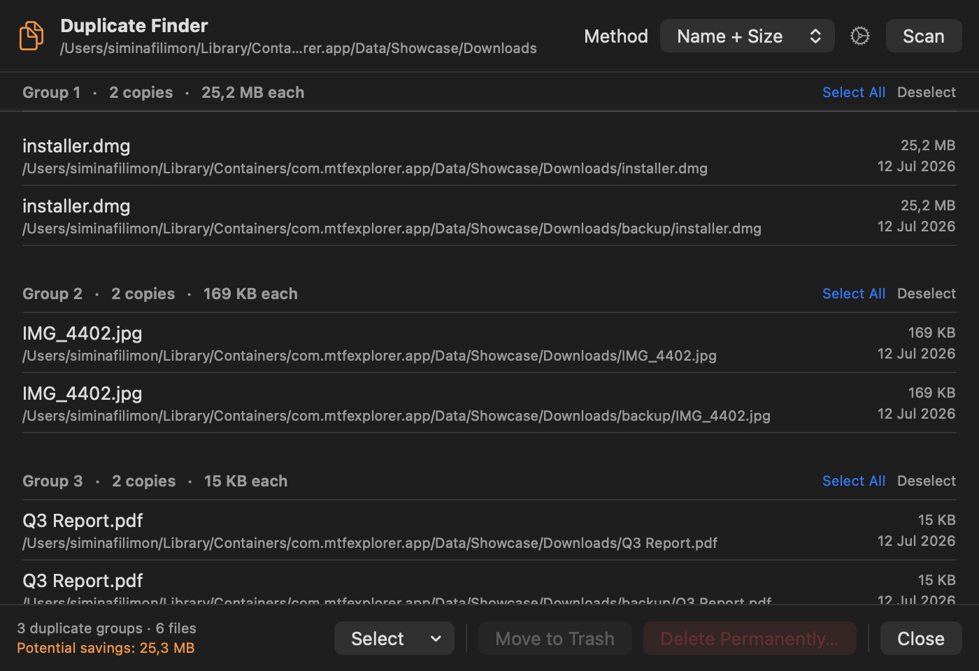 Duplicate finder results grouped by duplicate set