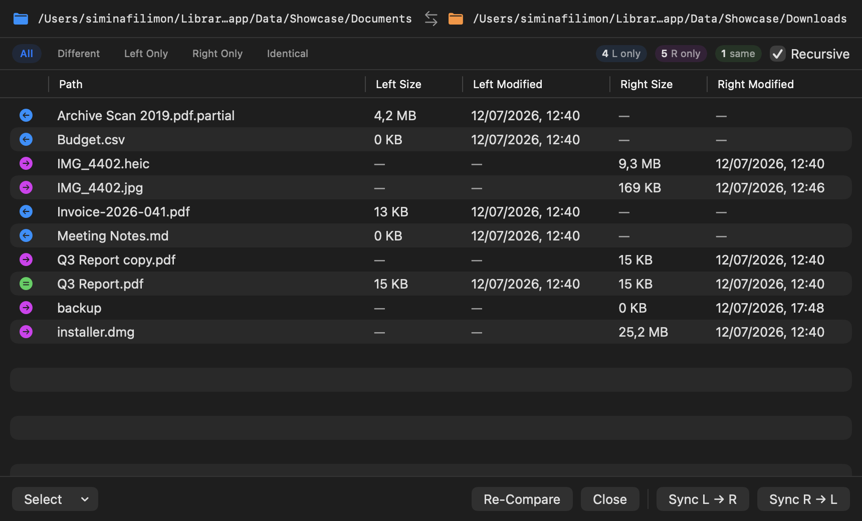 Two folders compared side by side with differences highlighted